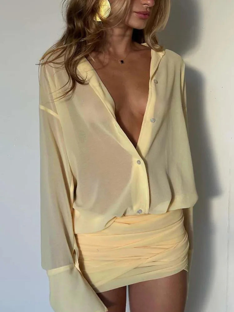 Sexy Long Sleeve Turn-down Colla Bag Hip Strap Shirt Dress For Women See Through Patchwork High Waist Dress Streetwear