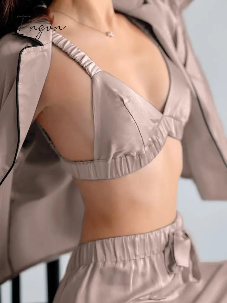 Ingvn - Fashion Solid Color Satin Robe Set With Bra Sexy Pajamas Set Female Home Suit For Women Pajama Spring Long Sleeve Sleepwear