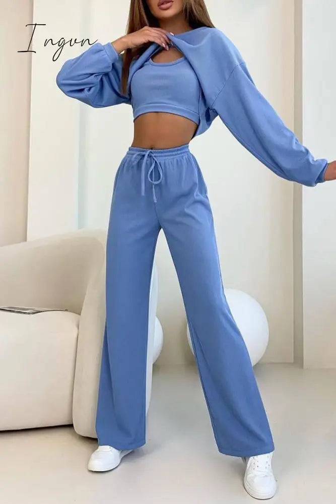 Ingvn - Casual Solid Asymmetrical O Neck Long Sleeve Three Pieces