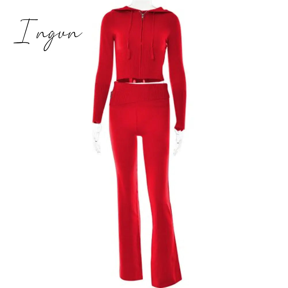 Ingvn - Spring New Hoodie Cropped Top And Pants Sets High Waist Flare Pants Suits Pink Knitted Womens Y2k Two Piece Set