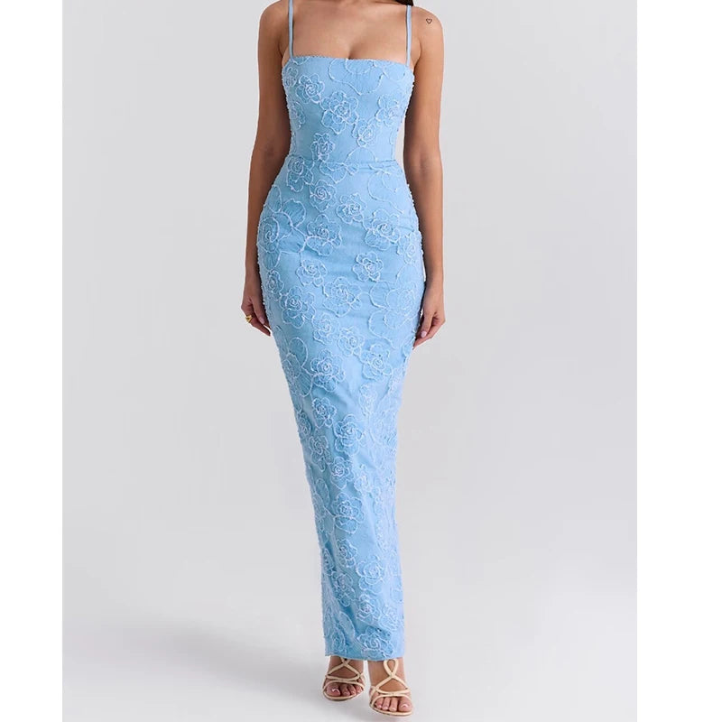 Sexy Elegant Women Floral Embroidery Lace Sling Long Dress Romantic Female Package Hips Evening Party Maxi Robe Summer