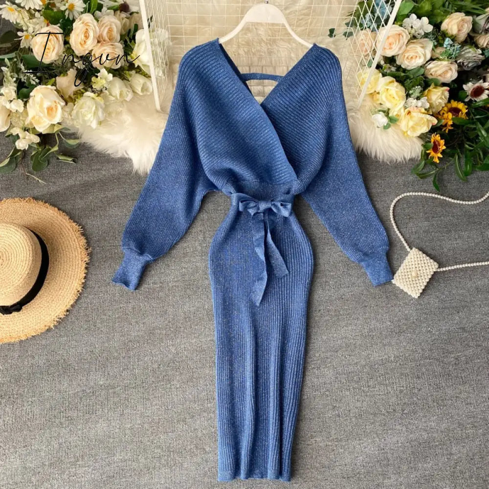 Ingvn - Women Shiny Knitted Dress Sexy V Neck Puff Sleeve Elastic Sheath Knitting Dress Autumn Solid Bow Sashes Pencil Dress