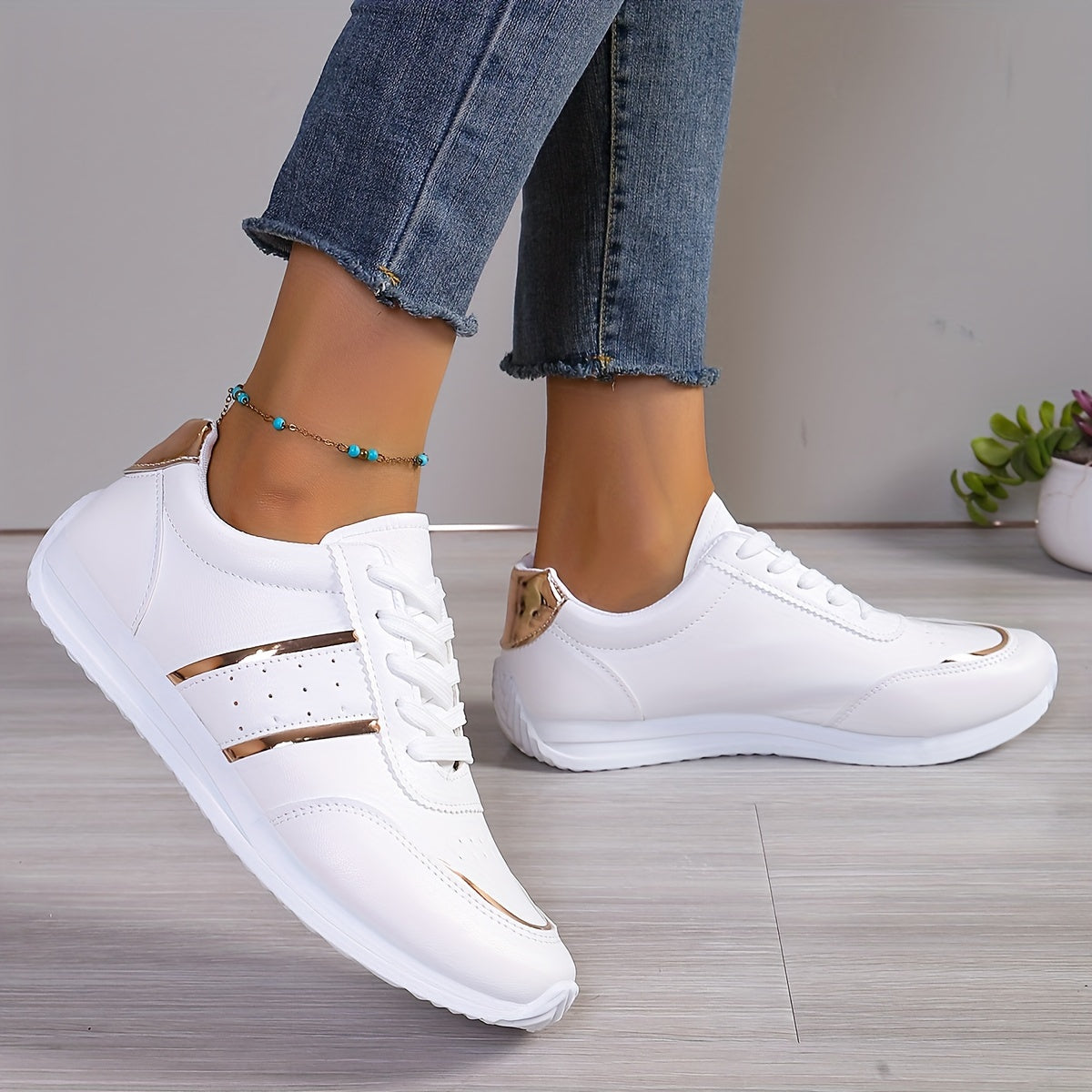 Women's Fashion Sneakers - Breathable, Lightweight Casual Shoes with Lace-Up Design for All Seasons, Elegant Street Style in White, for Spring