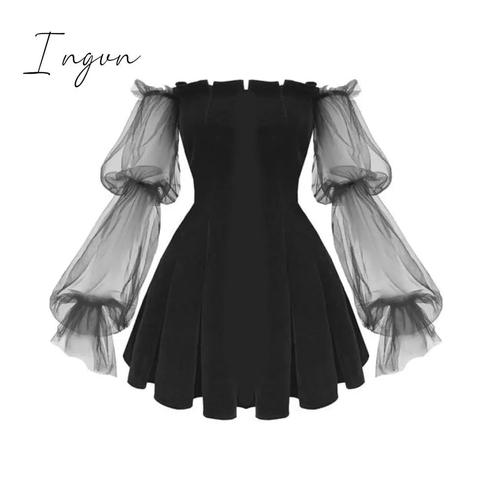 Ingvn - Gothic Sexy Dress Vintage Off Shoulder Lantern Sleeve Mesh Patchwork Velvet Mini Dress Dark Street Black Dress for Female
