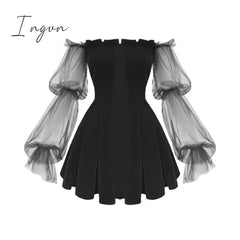 Ingvn - Gothic Sexy Dress Vintage Off Shoulder Lantern Sleeve Mesh Patchwork Velvet Mini Dress Dark Street Black Dress for Female