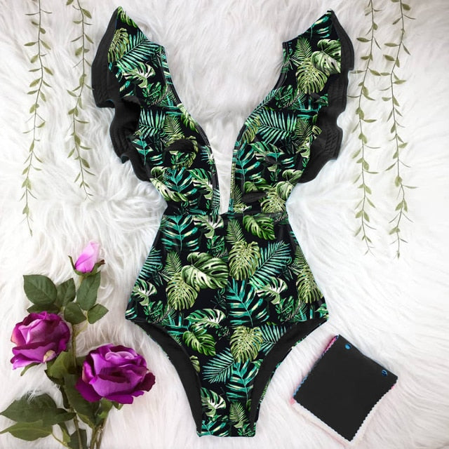 New Sexy Ruffle Print Floral One Piece Swimsuit Off The Shoulder Swimwear Women Solid Deep-V Beachwear Bathing Suit Monkini