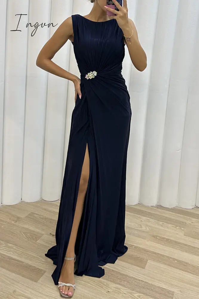 Ingvn - Elegant Formal Solid Slit Fold O Neck Evening Dress Dresses