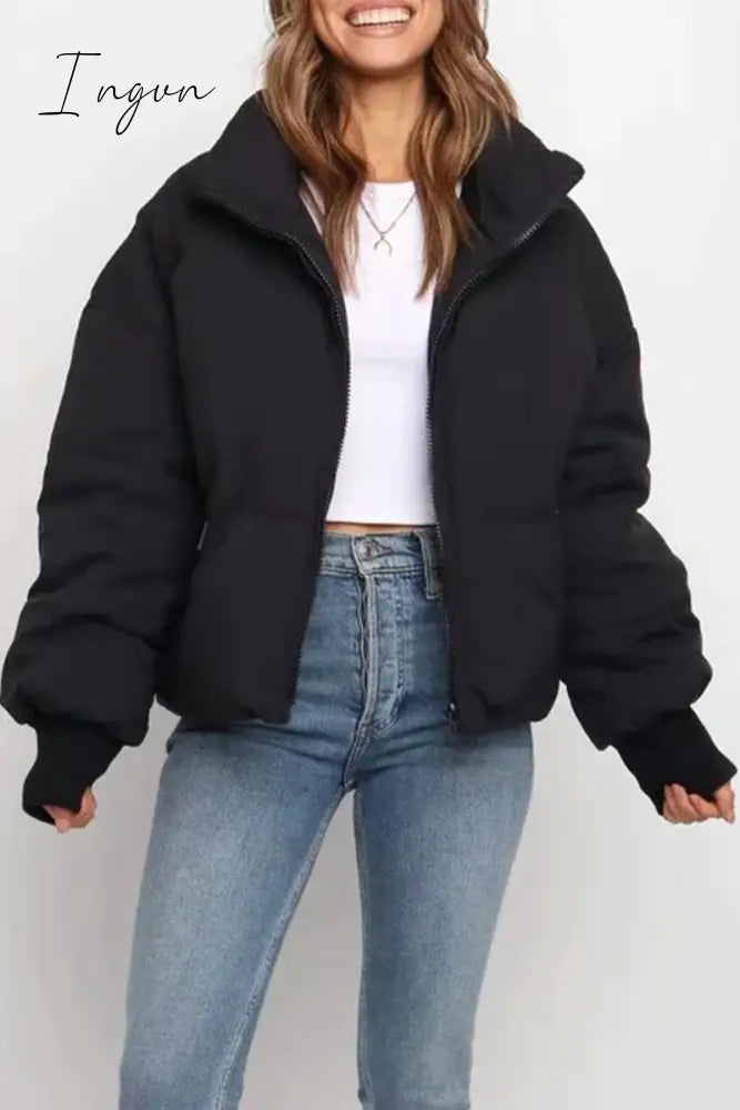 Ingvn - Casual Solid Pocket Zipper Mandarin Collar Outerwear