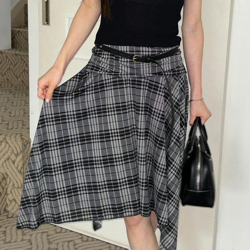 Preppy Style Plaid Print Skirt Grey Low Rise Loose Irregular A-line Midi Skirts Women Harajuku Clothes y2k Streetwear New