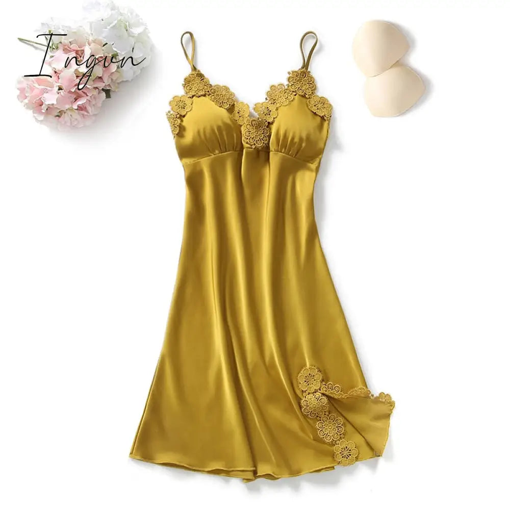 Ingvn - Yellow Robes Suit Autumn Women Nightgown Sets 2 Pieces Nightdress Bathrobe With Chest Pad Female Satin Kimono Bath Gown Sleepwea
