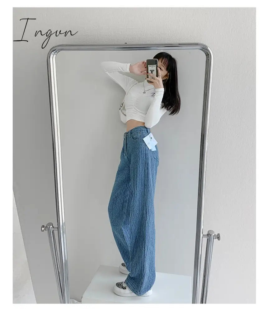 Ingvn - Women Jeans High Waist Casual Streetwear y2k Baggy Office Lady New Fashion Korean Denim Trousers Female Straight Wide Leg Pants