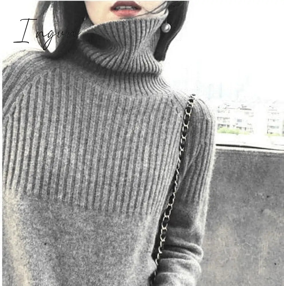 Ingvn - Ladies Sweater 2023 New In High Collar Autumn/Winter Women's Pullovers Sweater Solid Color Loose Women's Winter Blouse Jumpers