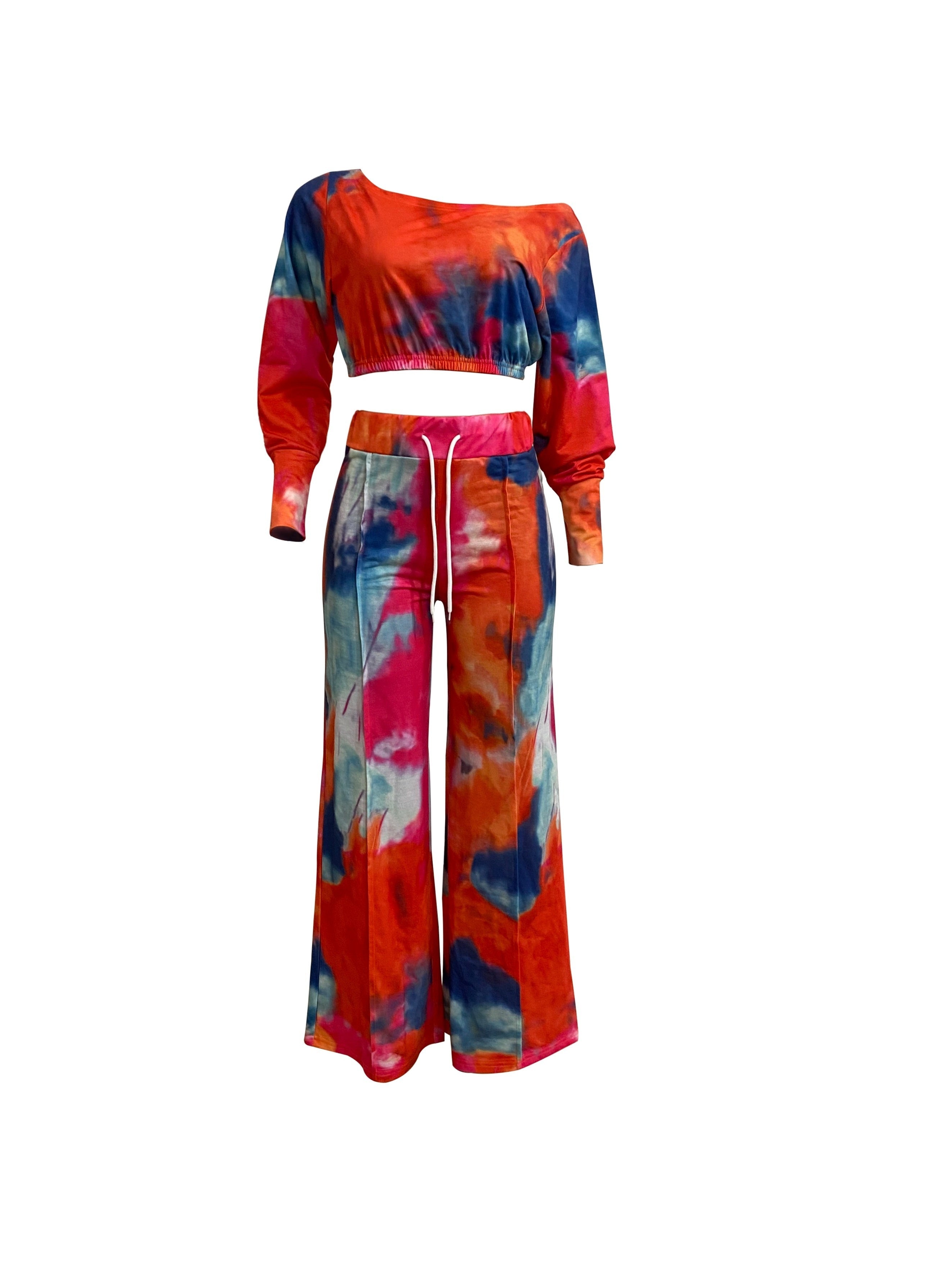 Two-piece Set, Long Sleeve Crop Top & Drawstring Wide Leg Pants Outfits, Casual Tie Dye Women's Clothing