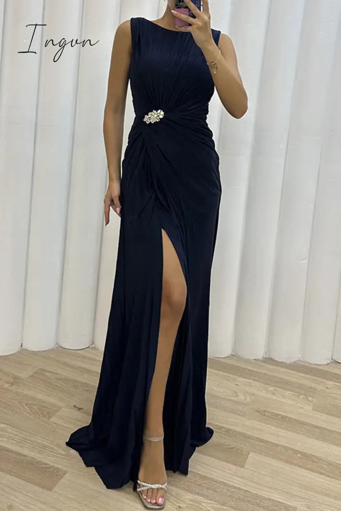 Ingvn - Elegant Formal Solid Slit Fold O Neck Evening Dress Dresses