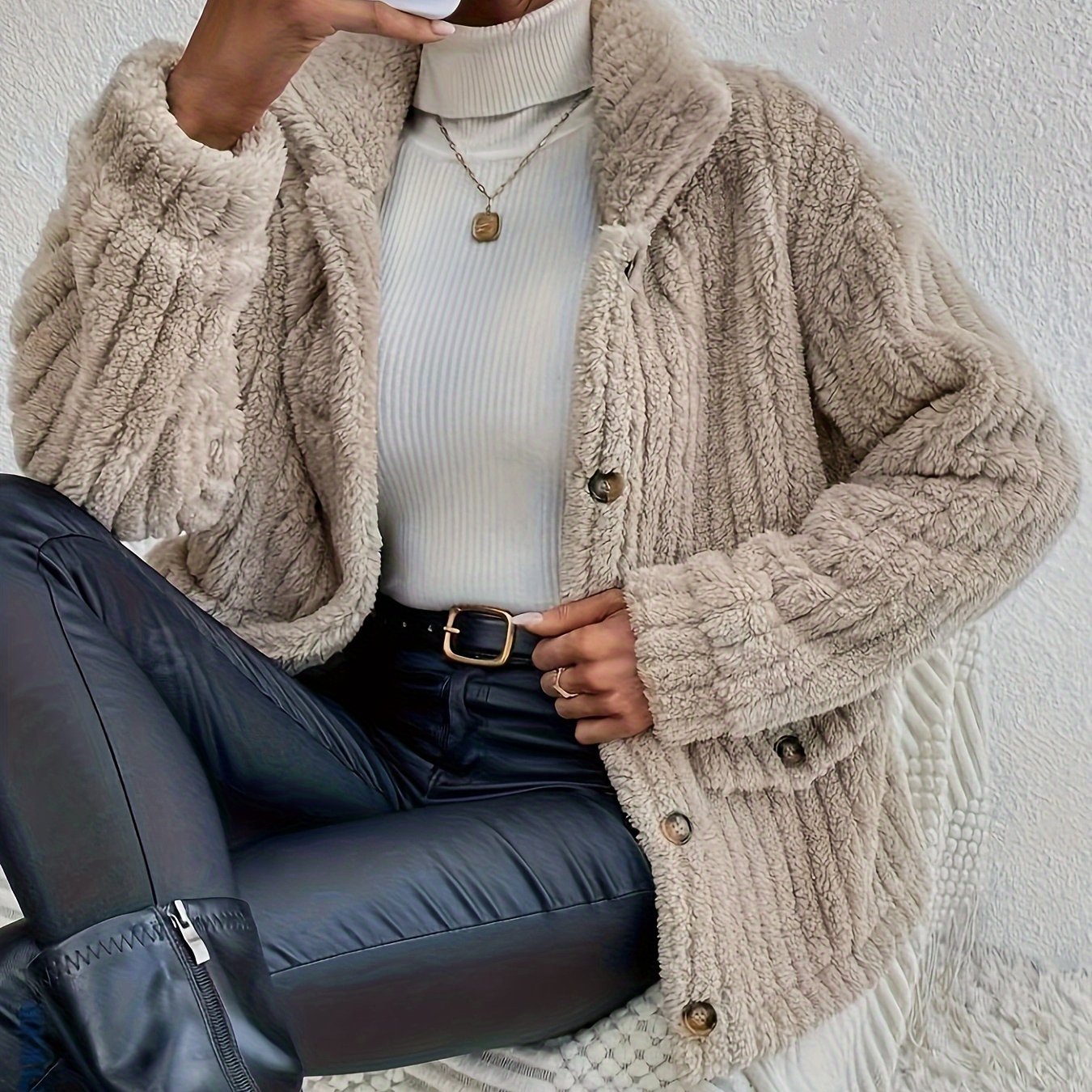Warm and Cozy Women's Casual Solid Long Sleeve Button Front Teddy Coat for Winter Outerwear