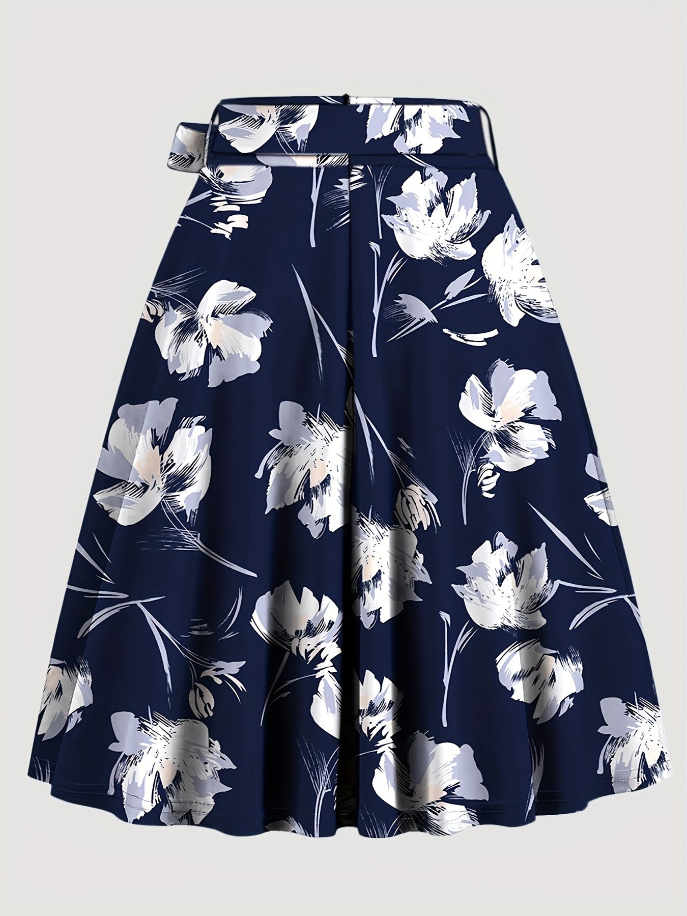 Floral Print High Waist Skirt, Elegant Belted Flared Midi Skirt, Women's Clothing