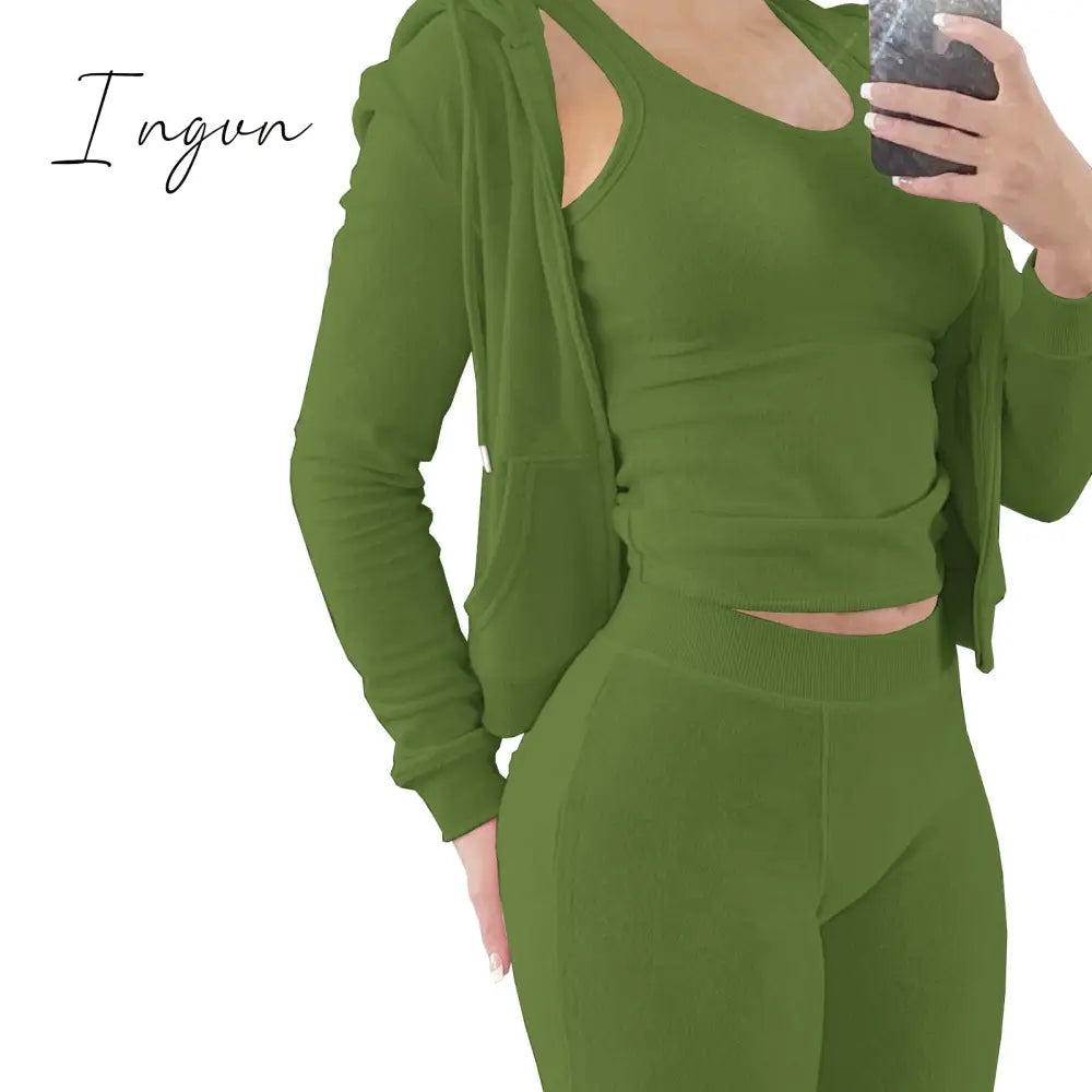 Ingvn - Double Face Fleece Three Piece Set Woman Long Sleeve Vest Hooded Drawstring Sweatpants Winter Sports Jogger Outfits