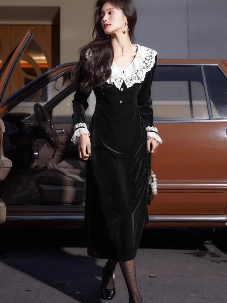 Y2k Vintage Evening Party Velvet Dress Women Franch Elegant Lace Patchwork Black Dresses Autumn Winter Korean Fashion Vestidos