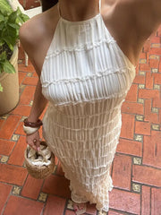 Spring Fashion Patchwork Long Dress For Women Lace-Up Backless High Waist Solid Holiday Beach Dress Ladies Maxi Dress