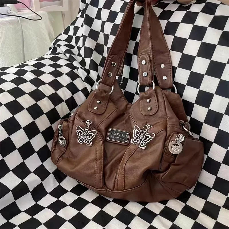 Ingvn  Brown Y2k Womens Shoulder Bag Vintage Fashion Soft Pu Leather Gothic Tote Bag Punk Harajuku Casual Large Capacity Handbag