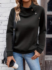 Solid Mock Neck Button Sweatshirt, Elegant Long Sleeve Sweatshirt For Fall & Winter, Women's Clothing