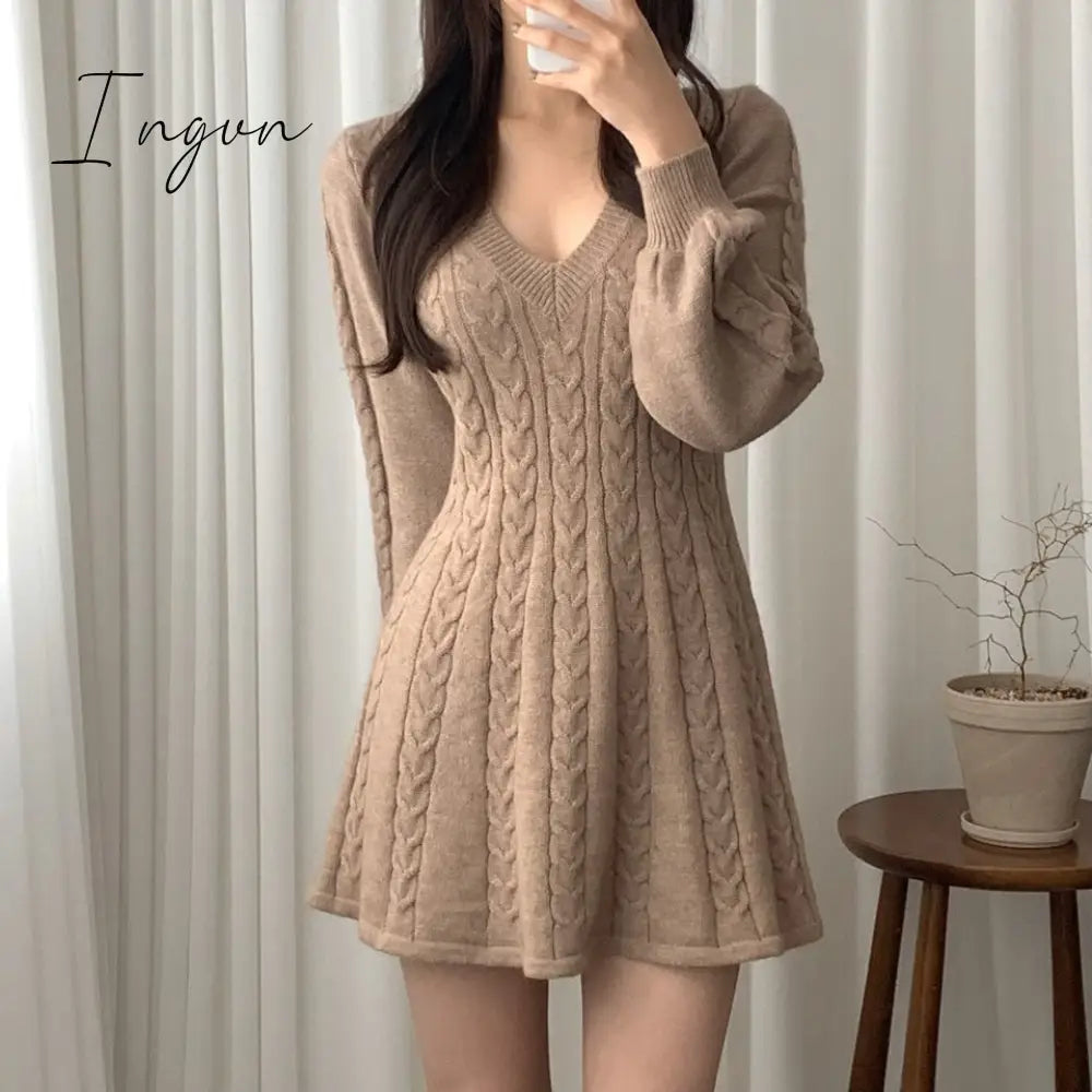 Ingvn - Long Sleeve Elegant Pink Mini Knit Dress Women Autumn Winter Solid Color A-line Puff Sleeve Sweet Short Sweater Dresses
