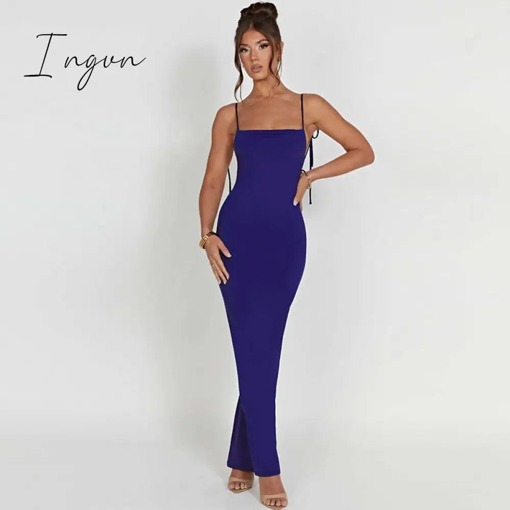 Ingvn - Elegant Spaghetti Strap Backless Pleated Maxi Dress Women Gown Summer New Sleeveless Bodycon Party Sexy Long Dress