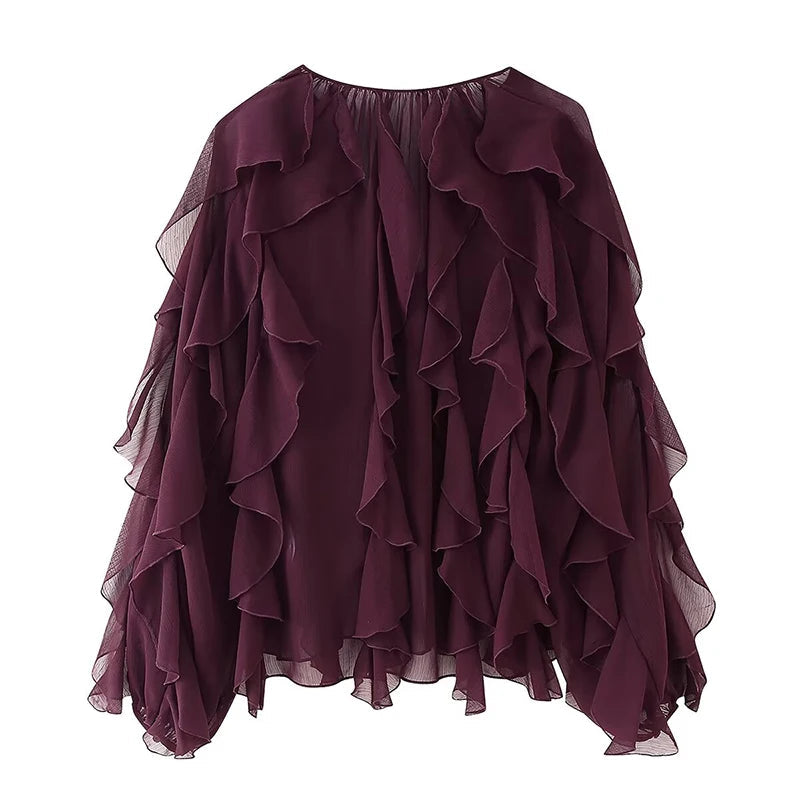 New Women Sexy Semi-sheer Ruffle Shirt Long Sleeve V Neck Front Button Spring Blouse Burgundy Blusas Mujer