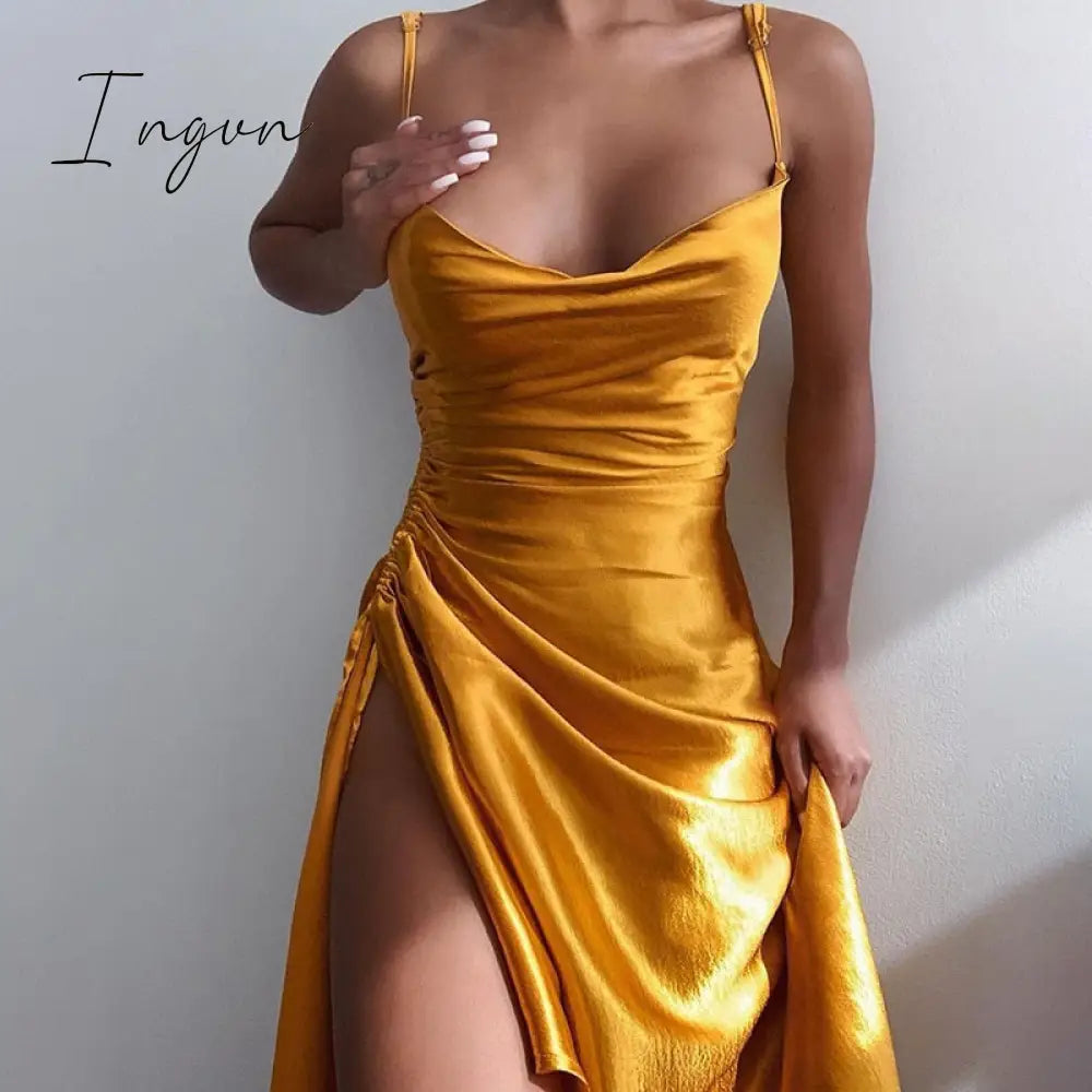 Ingvn - Satin Side Split Ruched Women's Dress Sleeveless Square Collar Party Dresses Solid Elegant Clubwear Evening Vestidos