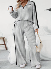 Stylish Plus Size Co-ords - Ribbed Half Zip Long Sleeve Sweatshirt and Wide Leg Pants Outfits for Women - Casual, Comfortable, and Chic Clothing Set for Curvy Figures