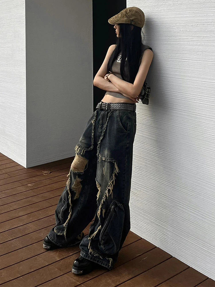 Ingvn  Women's Tassel Big Pocket Design Wide-leg Jeans Cool Girl High Waisted Fashion Loose Pants Female Straight Retro Denim Trousers