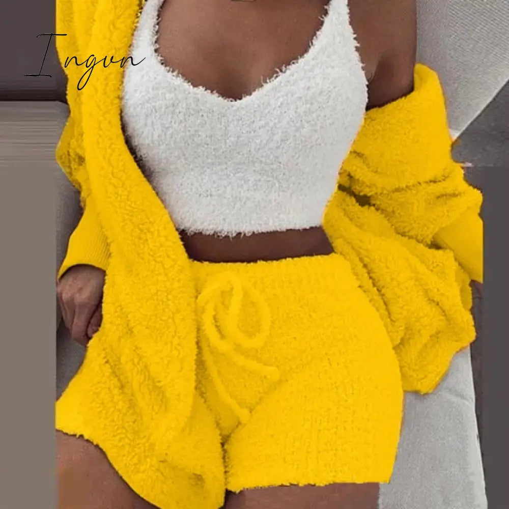 Ingvn - Three Piece Sexy Fluffy Outfits Plush Velvet Hooded Cardigan Coat+Shorts+Crop Top Women Tracksuit Sets Casual Sports Sweatshirt