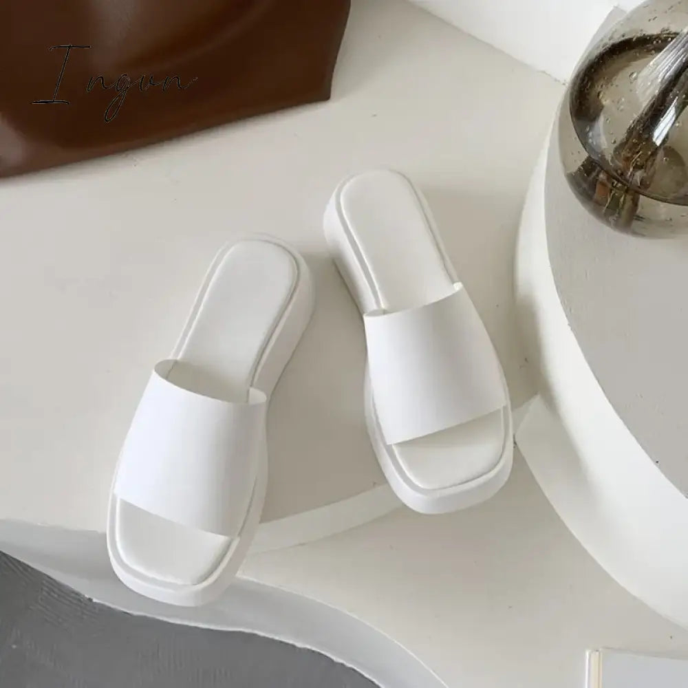 Ingvn - Slippers Women Thick Bottom Wedge Heel Outer Wear Summer New White Fashion Muffin Flat Bottom Solid Color Women's Shoes