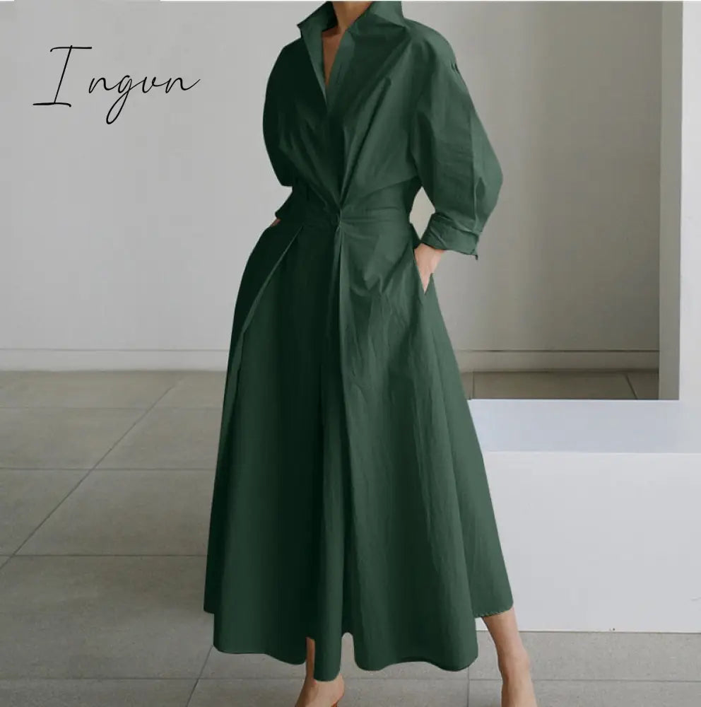 Ingvn - Elegant Women Spring Autumn Sundress Fashion Lapel Neck Long Sleeve Solid Long Shirt Dress OL Vestidos Robe Femme 5XL Long Dress