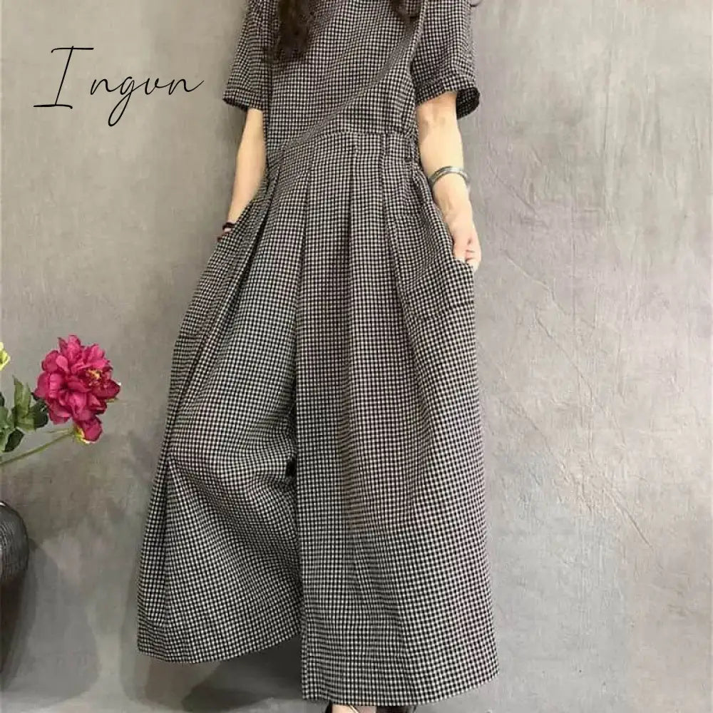 Ingvn - Jumpsuits Women Cotton Linen Short Sleeve Playsuits One Piece Outfit Women Lace-up High Waist Wide Leg Pants Overalls for Women
