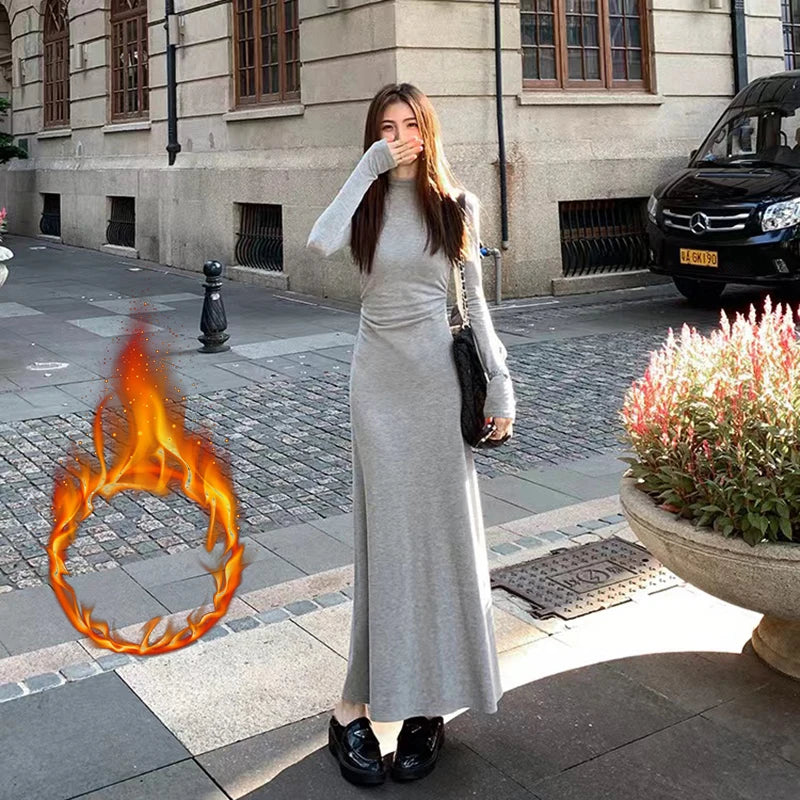 Autumn Half Turtleneck Dress Women Korean Elegant Black Hepburn Style Midi Dress Y2K High Waist Long Sleeve Warm A Line Vestidos
