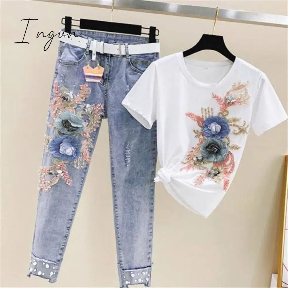 Ingvn - One-Piece/Set Summer New Women Denim Pants Beaded Embroidery Short-Sleeved + Small Feet Hole Jeans Female Two-Piece Suit425