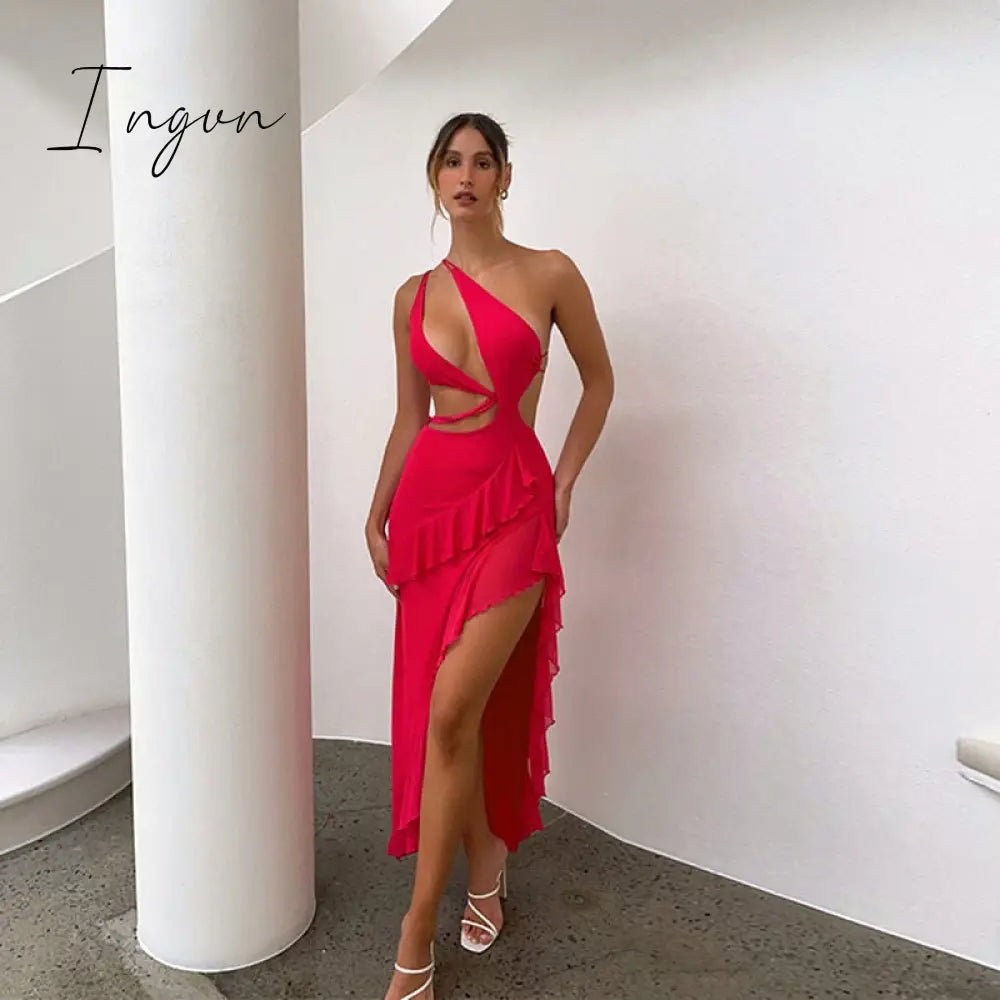 Ingvn - Irregular Sexy Cut Out Backless Ruffles Party Dresses Elegant Birthday Split Maxi Dresses for Women Party Clubwear