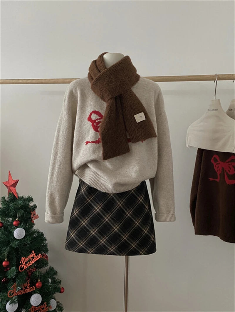 Sweet Knitted Sweater Women Oversized Bow Embroidery Pullover Korean Fashion Casual Jumper All-Match Autumn Winter High Street