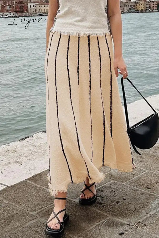 Ingvn - British Style Elegant Striped Tassel Patchwork High Waist Type A Patchwork Bottoms
