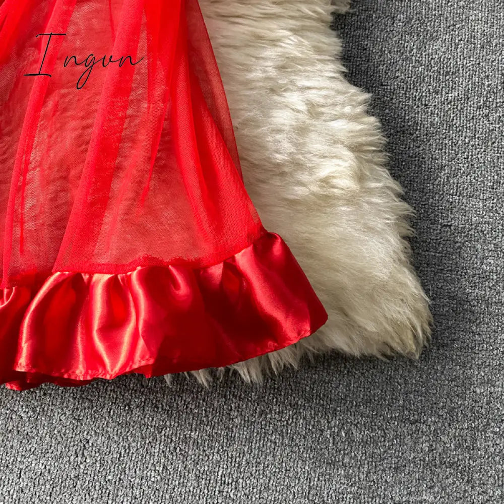 Ingvn - Trends high quality Women Spaghetti Strap Sexy Dress Strapless Bodycon Slim Red Dinner Party Dresses Mesh Patchwork Female Summer Long Dress