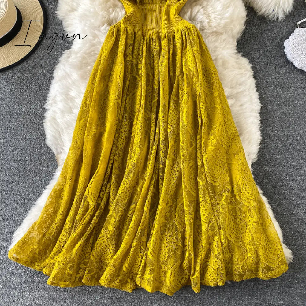 Ingvn - Vintage Purple/Green/Red Lace Midi Dress Women Sweet Round Neck Ruffle Vestidos Female High Waist Slim Robe Spring Autumn