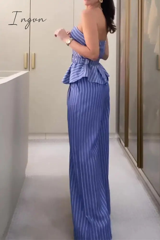 Ingvn - British Style Celebrities Striped With Belt Strapless Sleeveless Two Pieces
