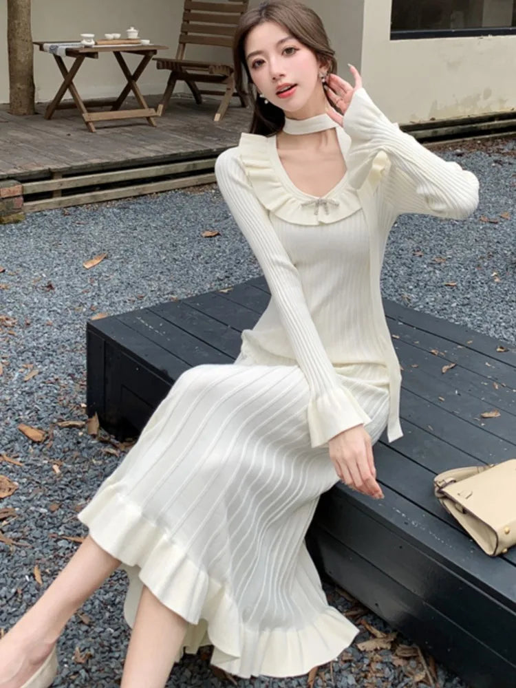 Vintage Solid Knitted Dresses for Women Elegant Bodycon Chic Flare Sleeves Ruffles Casual  Female One Piece Office Vestidos Robe
