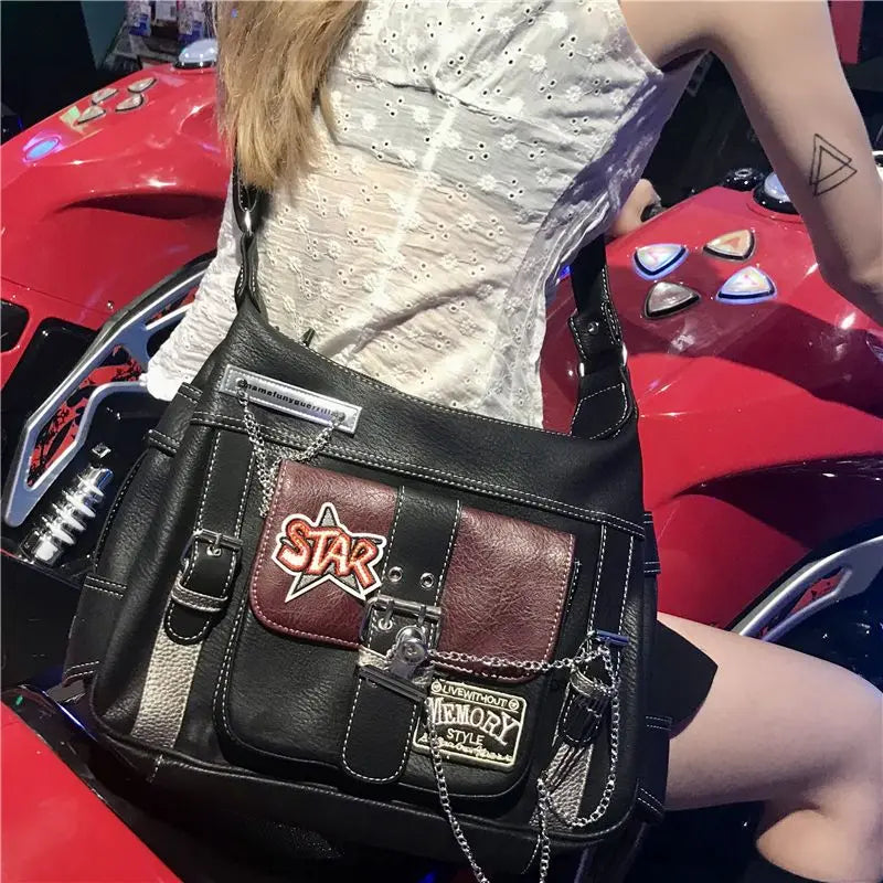 Ingvn  Women Y2k Shoulder Bag Fashion Chains Designer Grunge Bags Pu Leather Aesthetic Crossbody Handbags Hiphop Street Style Cool Girl