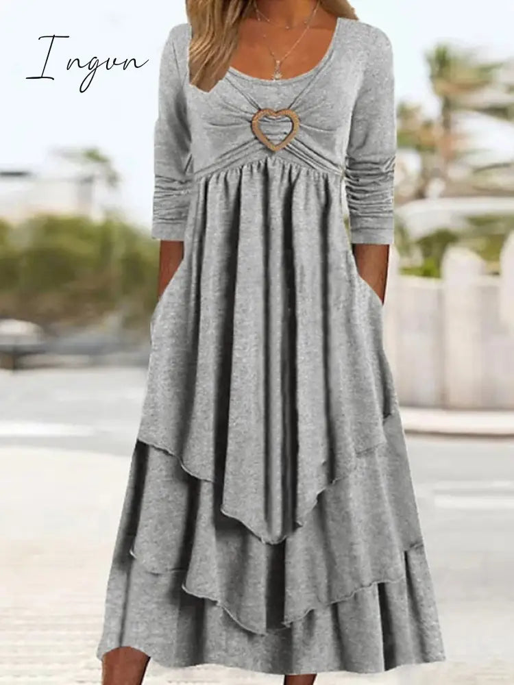 Ingvn - Women's Casual Dress Swing Dress Midi Dress Green Light Grey Dark Gray Long Sleeve Pure Color Ruched Winter Fall Spring U Neck Fashion Vacation 2023 S M L XL XXL 3XL