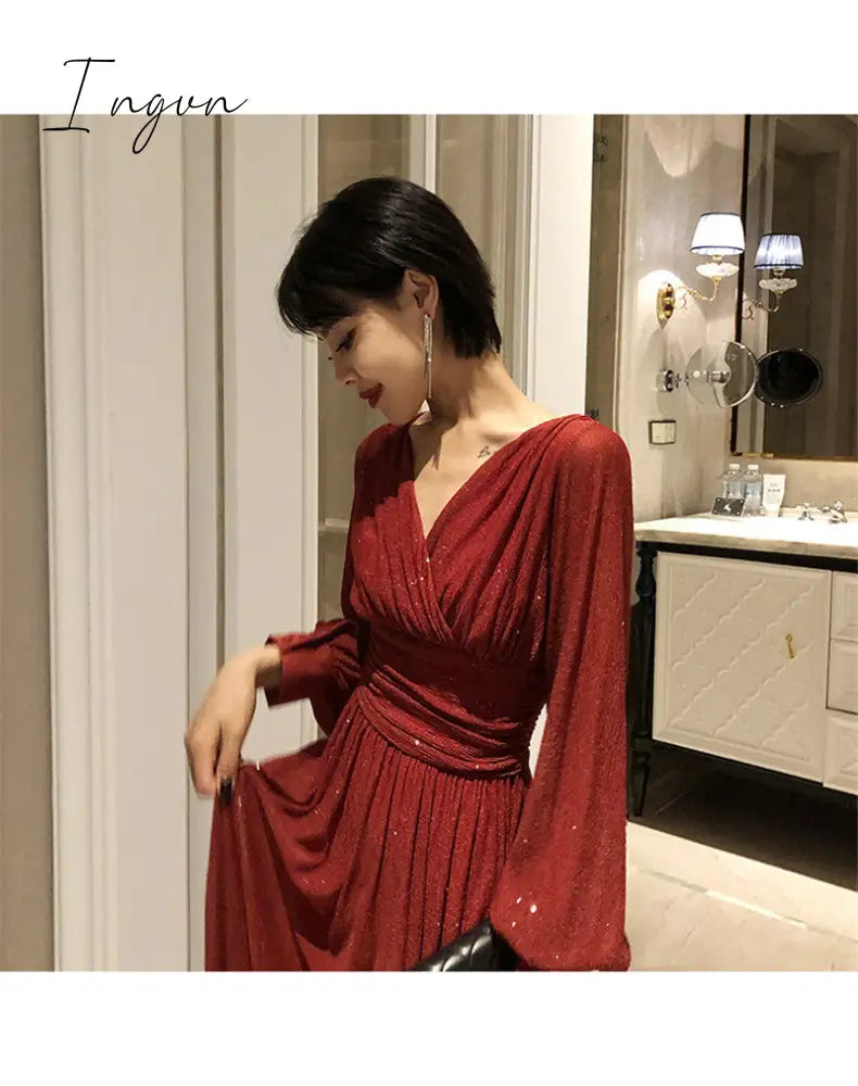 Ingvn - Vintage Glitter Long Maxi Dress Women Spring High Waist Long Sleeve Elegant Boho Dress Shiny Party Dress Plus Size Sexy