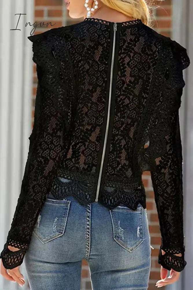 Ingvn - Sexy Solid Lace Zipper O Neck Tops