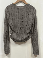 Ripped Ruched Crop T-Shirt, Casual Crew Neck Long Sleeve Top, Women's Clothing