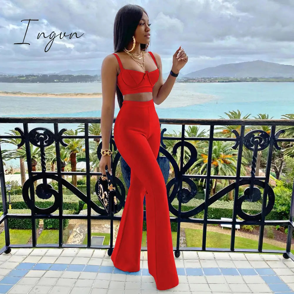 Ingvn - Set 2 Pieces Strap Sleeveless Bustiers And Long Bell-Bottoms Trousers Sexy Celebrity Party Sheath Vestidos  Dobanmbd